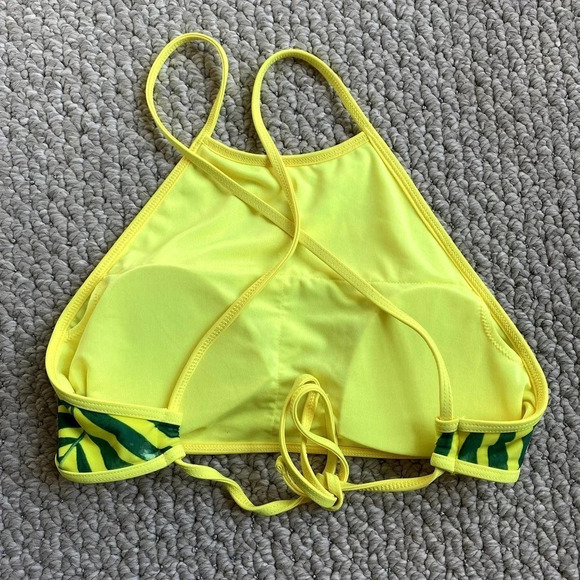 Aerie Neon Yellow Green Palm Tree High Neck Criss Cross Back Bikini Top - Picture 4 of 6